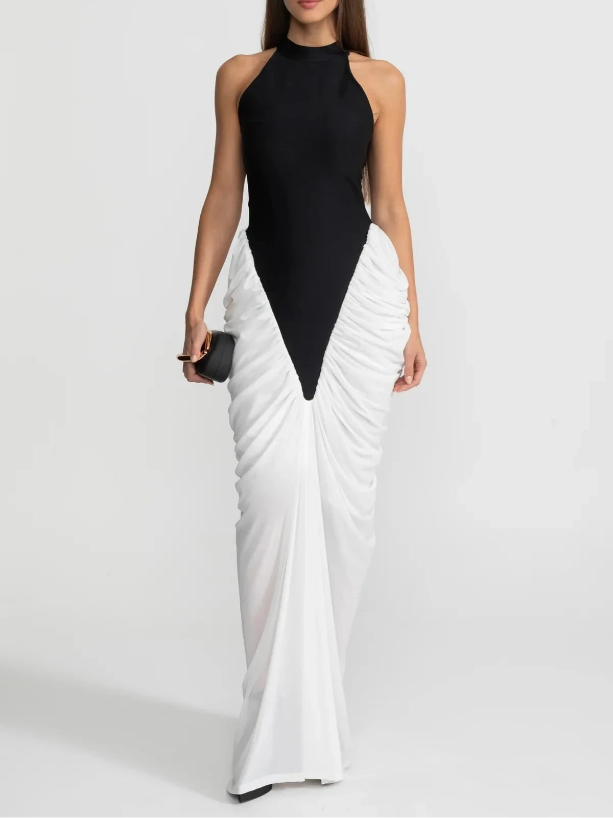 BEREN Contrasting Ruched Maxi Bodycon Dress