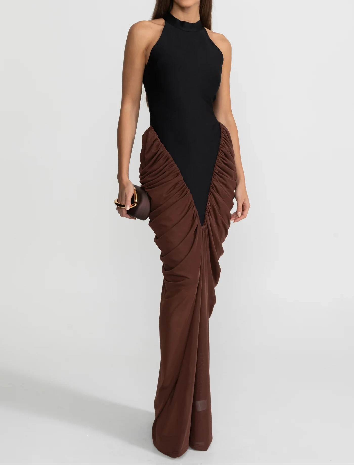 BEREN Contrasting Ruched Maxi Bodycon Dress