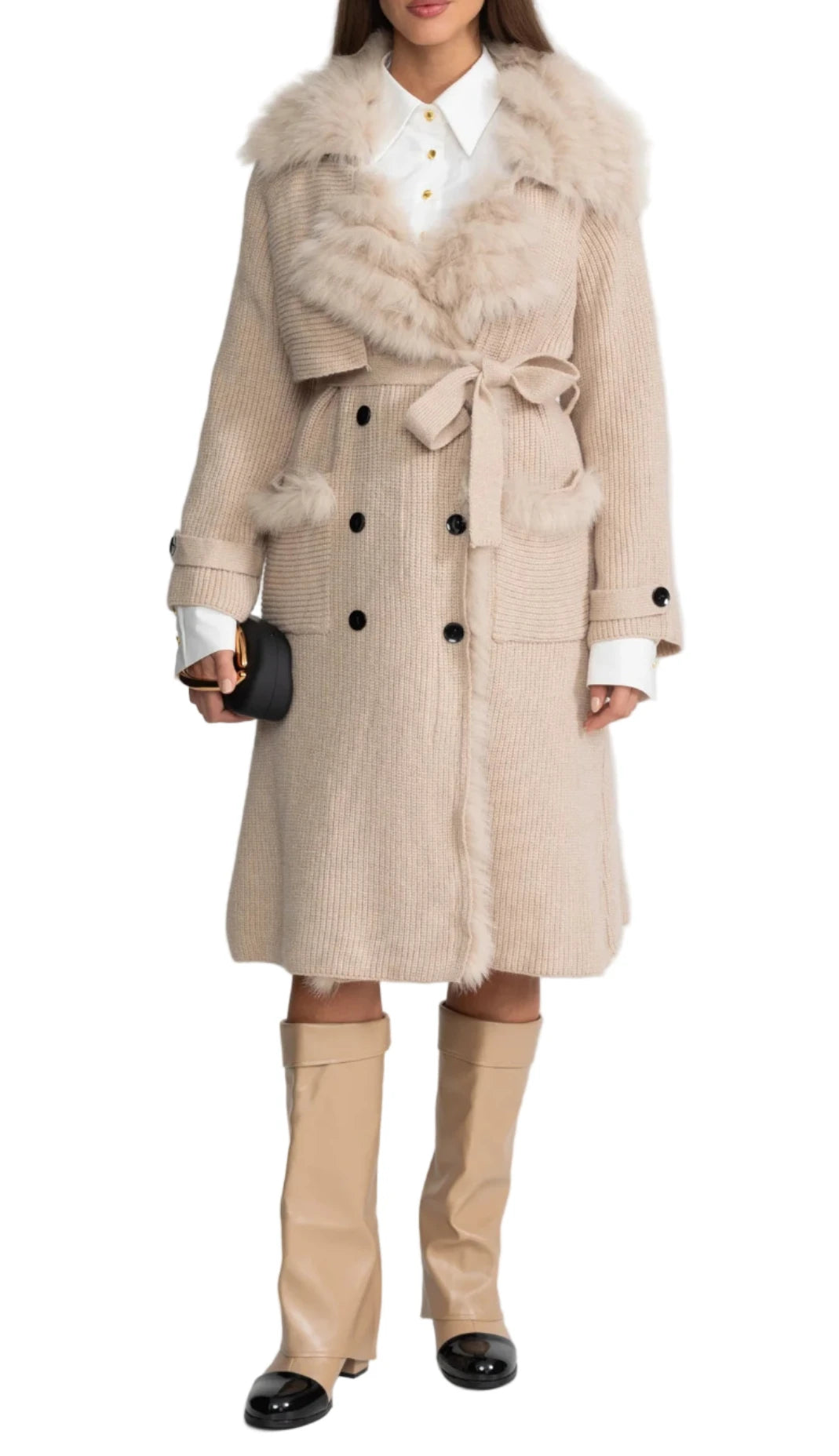 BETTY  WOOL KNIT OVERCOAT WITH FUR TRIM