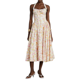 NEXT DAY DELIVERY BUSRA FLORAL-PRINT HALTER-NECK MIDI DRESS