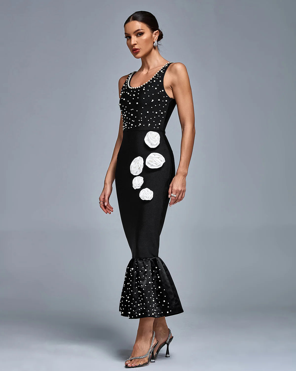CADY White-Floral Pearl Mermaid Bandage Midi Dress S CADY White-Floral Pearl Mermaid Bandage Midi Dress S