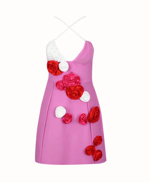 CARMELA Pink Flowers Pearls Bodycon Dress