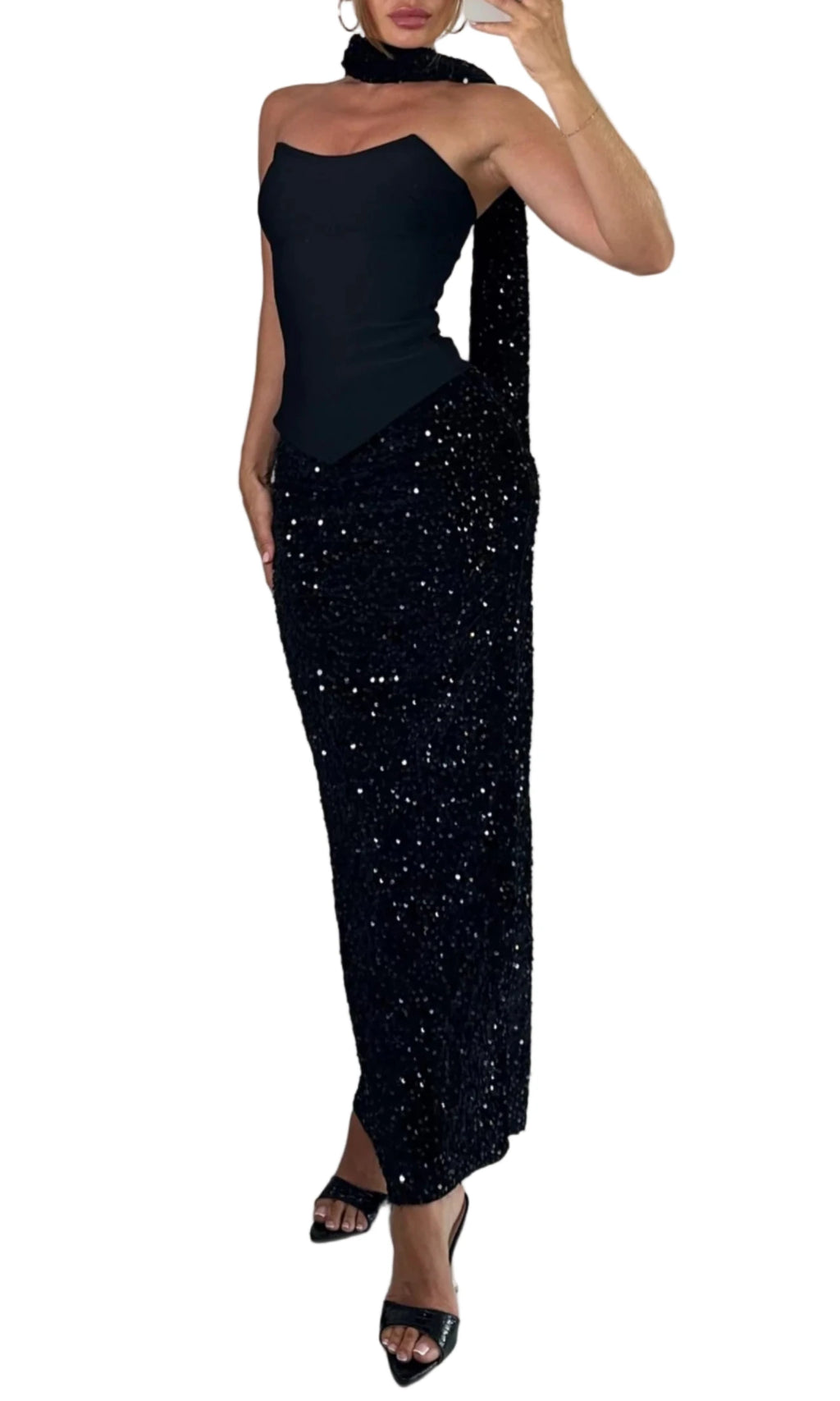 CARMEN Sequins Corset Scarf and Maxi Sequins Skirt