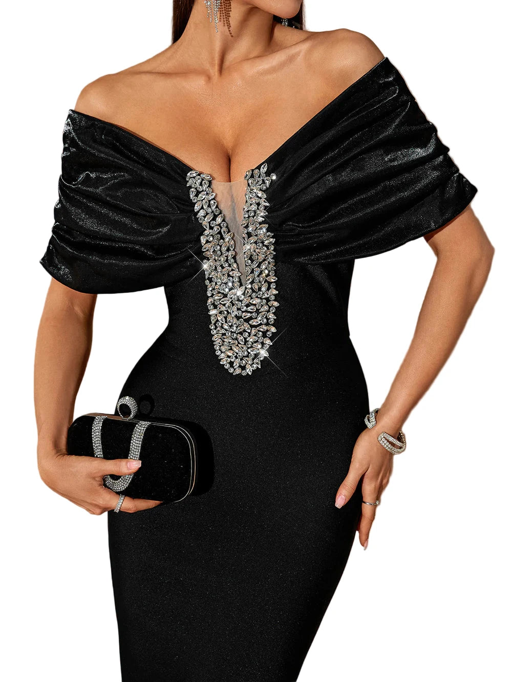CELESTE Off Shoulder Crystals Maxi Bandage Dress