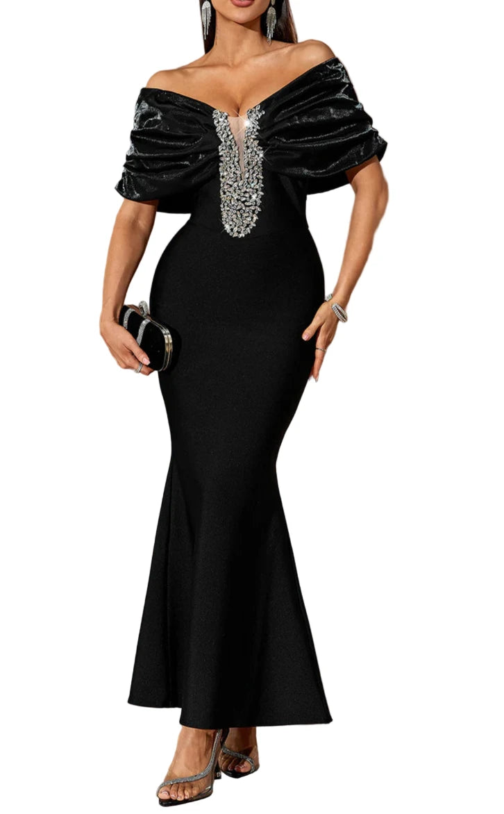 CELESTE Off Shoulder Crystals Maxi Bandage Dress