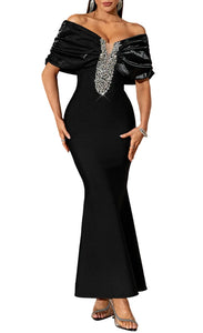 CELESTE Off Shoulder Crystals Maxi Bandage Dress