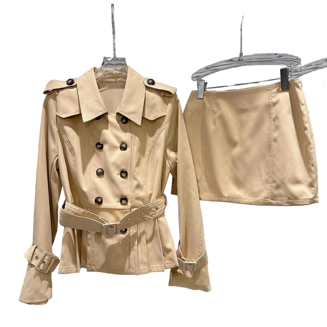 CHESNA LONG SLEEVE BELTED JACKET AND MINI SKIRT TWO PIECE SET