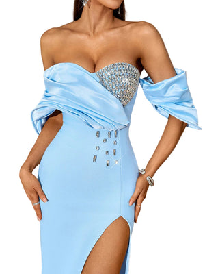 DAMINA Off Shoulder Crystal Corset Maxi  Bandage Dress