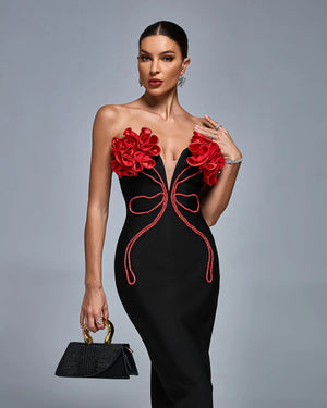 DANARINE Strapless 3D Floral Bandage Maxi Dress