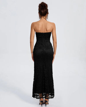 DENALI Strapless Crystal-Embellished Lace Maxi Dress