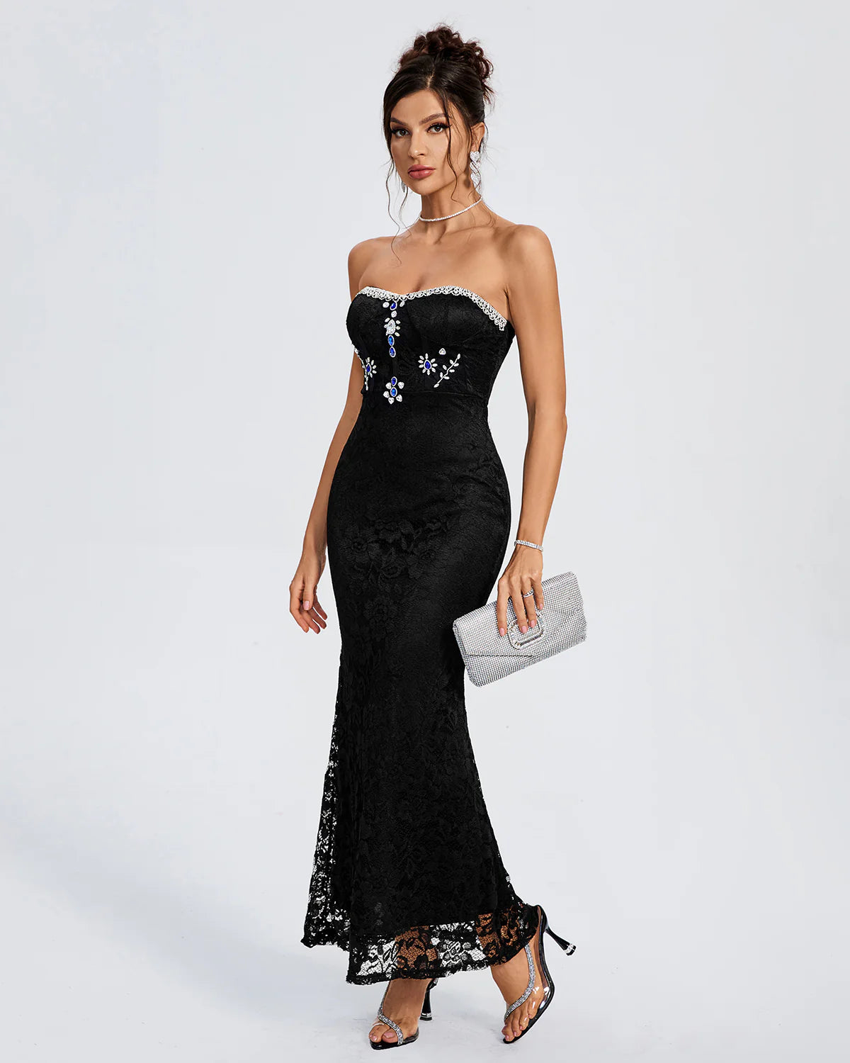 DENALI Strapless Crystal-Embellished Lace Maxi Dress