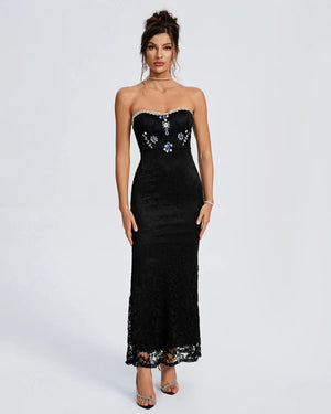 DENALI Strapless Crystal-Embellished Lace Maxi Dress