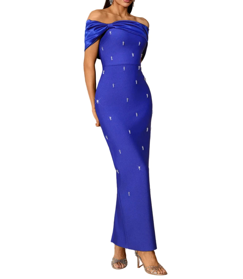 DOMINIKA Off Shoulder Crystals Maxi Bandage Dress