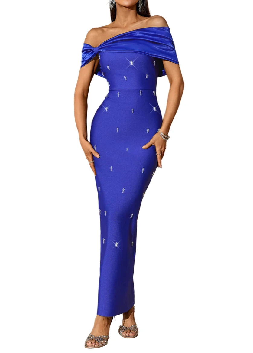 DOMINIKA Off Shoulder Crystals Maxi Bandage Dress
