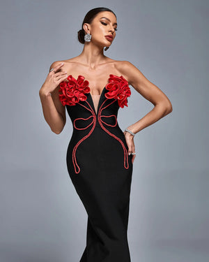 DANARINE Strapless 3D Floral Bandage Maxi Dress