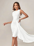 NEXT DAY DELIVERY ELICIA Round Neck Draped Frill Midi Bandage Dress