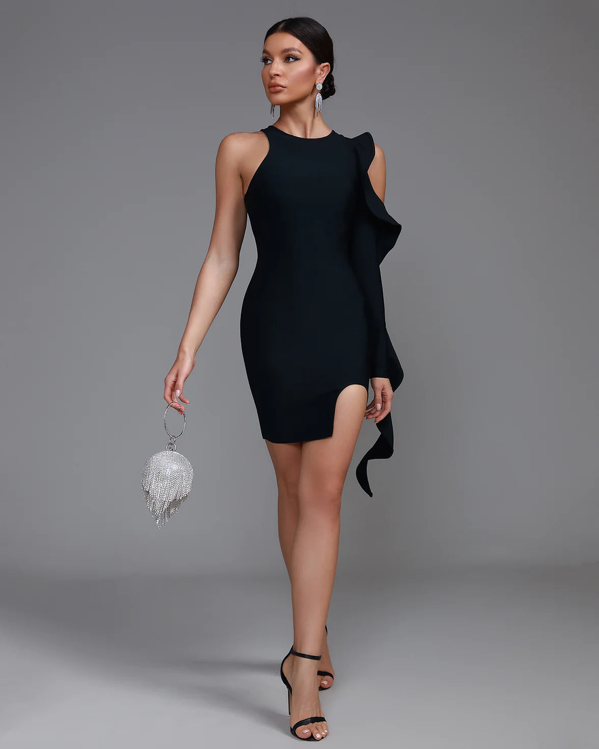 ELMIRA Asymmetric Ruffle-Trim Mini Bandage Dress