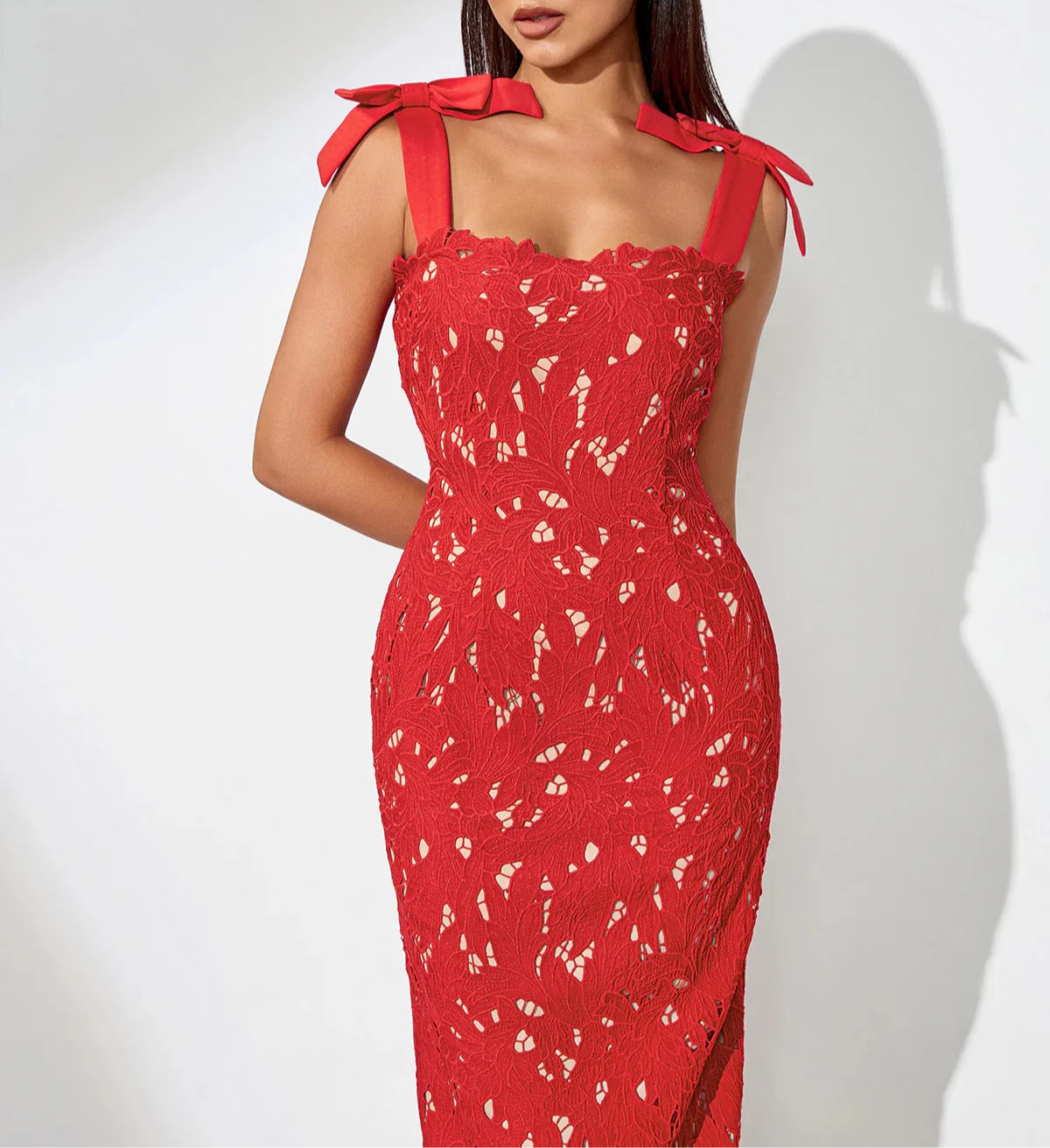 ELMIRA Bow-Strappy Cutout Floral Embroidered Dress