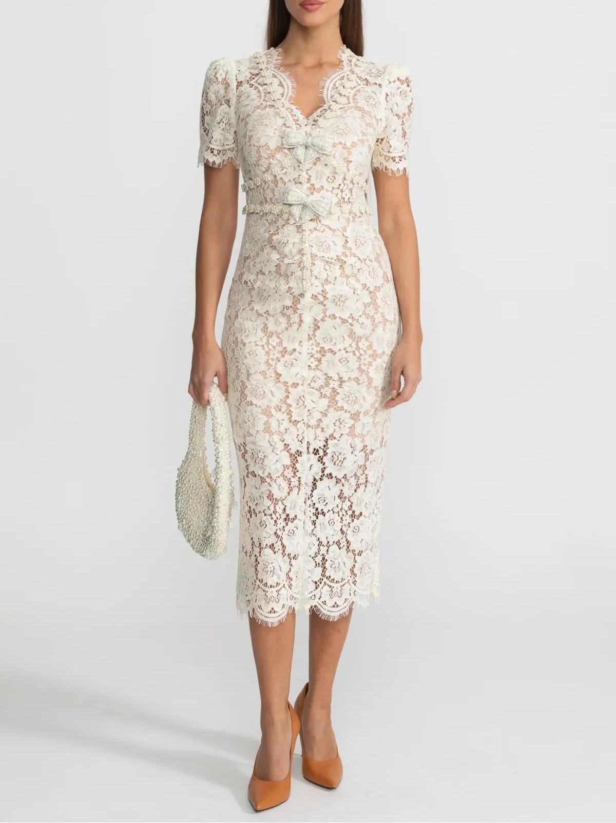 ESLEM EMBELLISHED LACE WITH BOW DETAILING MINI BODYCON DRESS