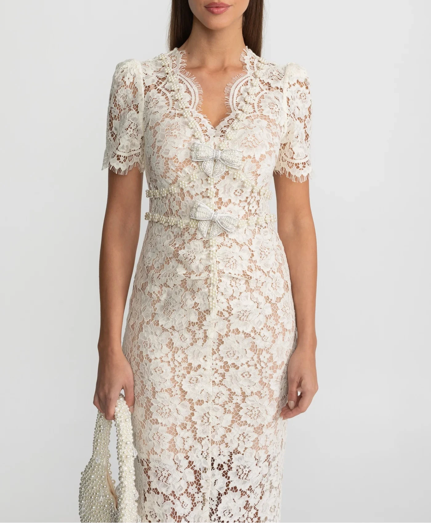 ESLEM EMBELLISHED LACE WITH BOW DETAILING MINI BODYCON DRESS