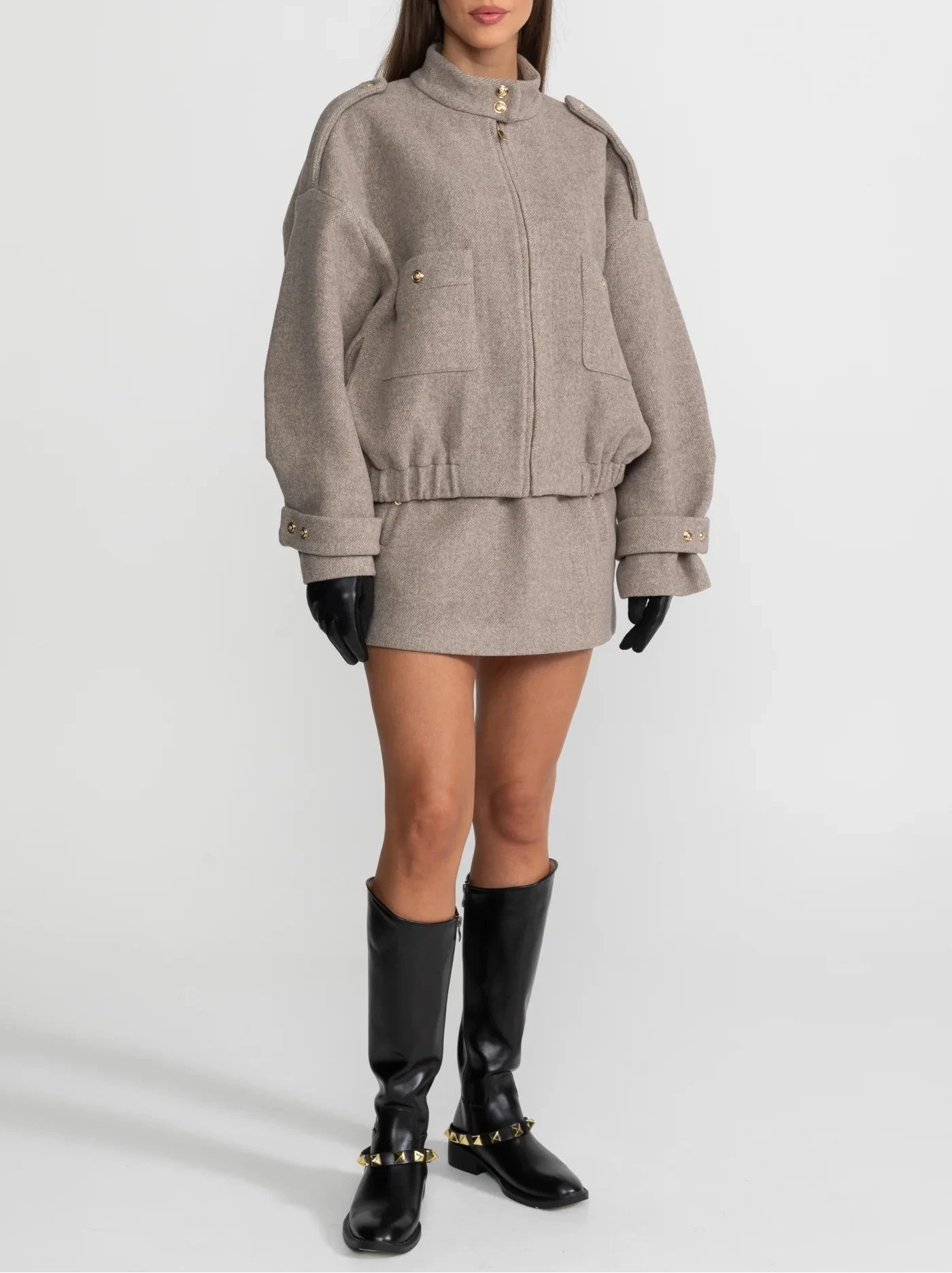 FATMA WOOL BOMBER JACKET AND MINI SKIRT BODYCON SET