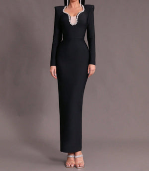 FATMA Rhinestone Long Sleeve Maxi Bandage Dress