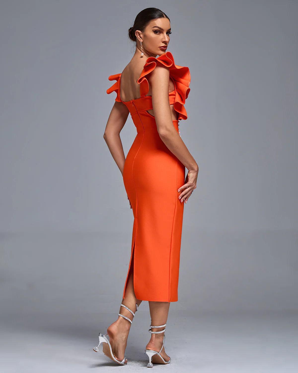 frill hem bandage midi dress RED FRILL HEM BANDAGE MIDI DRESS - PLT