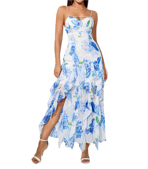 GINA Blue Print Floral Vertical Ruffle Maxi Dress