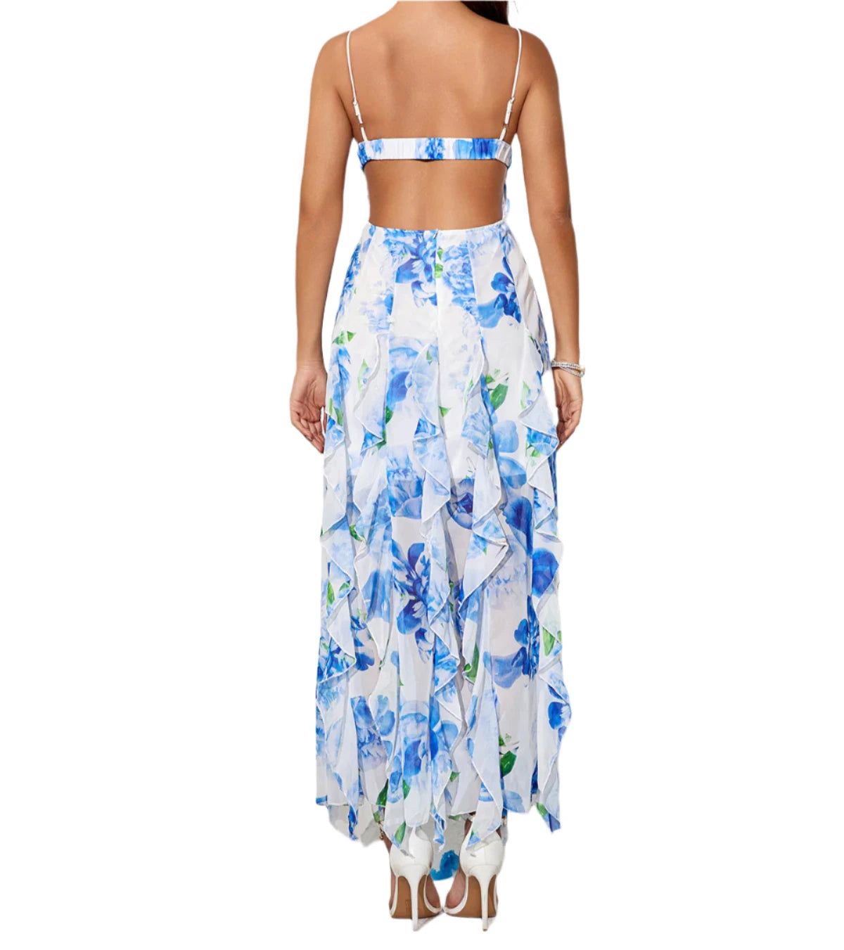 GINA Blue Print Floral Vertical Ruffle Maxi Dress