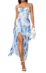 GINA Blue Print Floral Vertical Ruffle Maxi Dress
