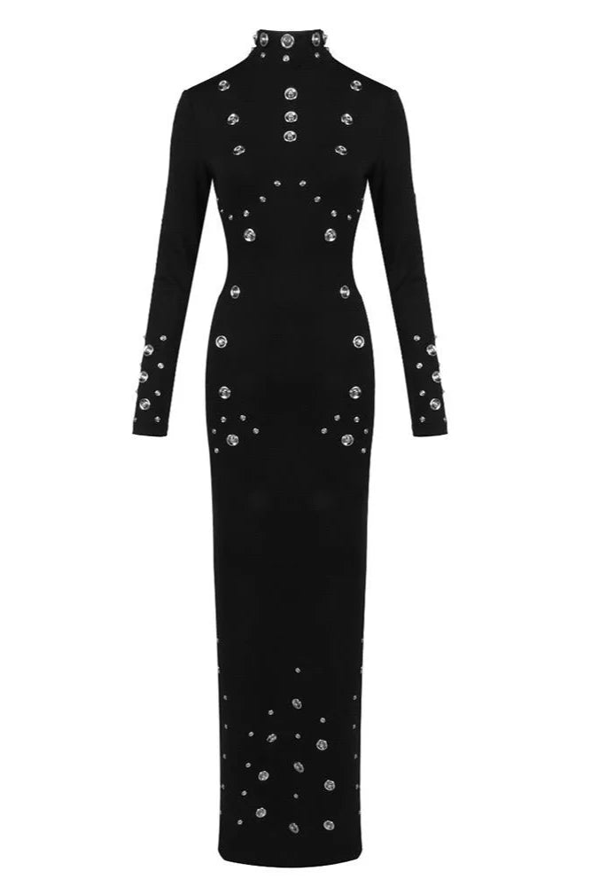 GUIDA Long Sleeve Metal Studs Bodycon Maxi Dress