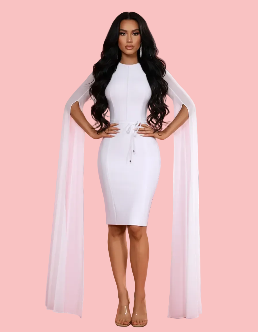 PINKAPPLE DRESSES KYLIE White Midi Dress with Dramatic Cape Sleeves XS PINKAPPLE DRESSES KYLIE White Midi Dress with Dramatic Cape Sleeves XS