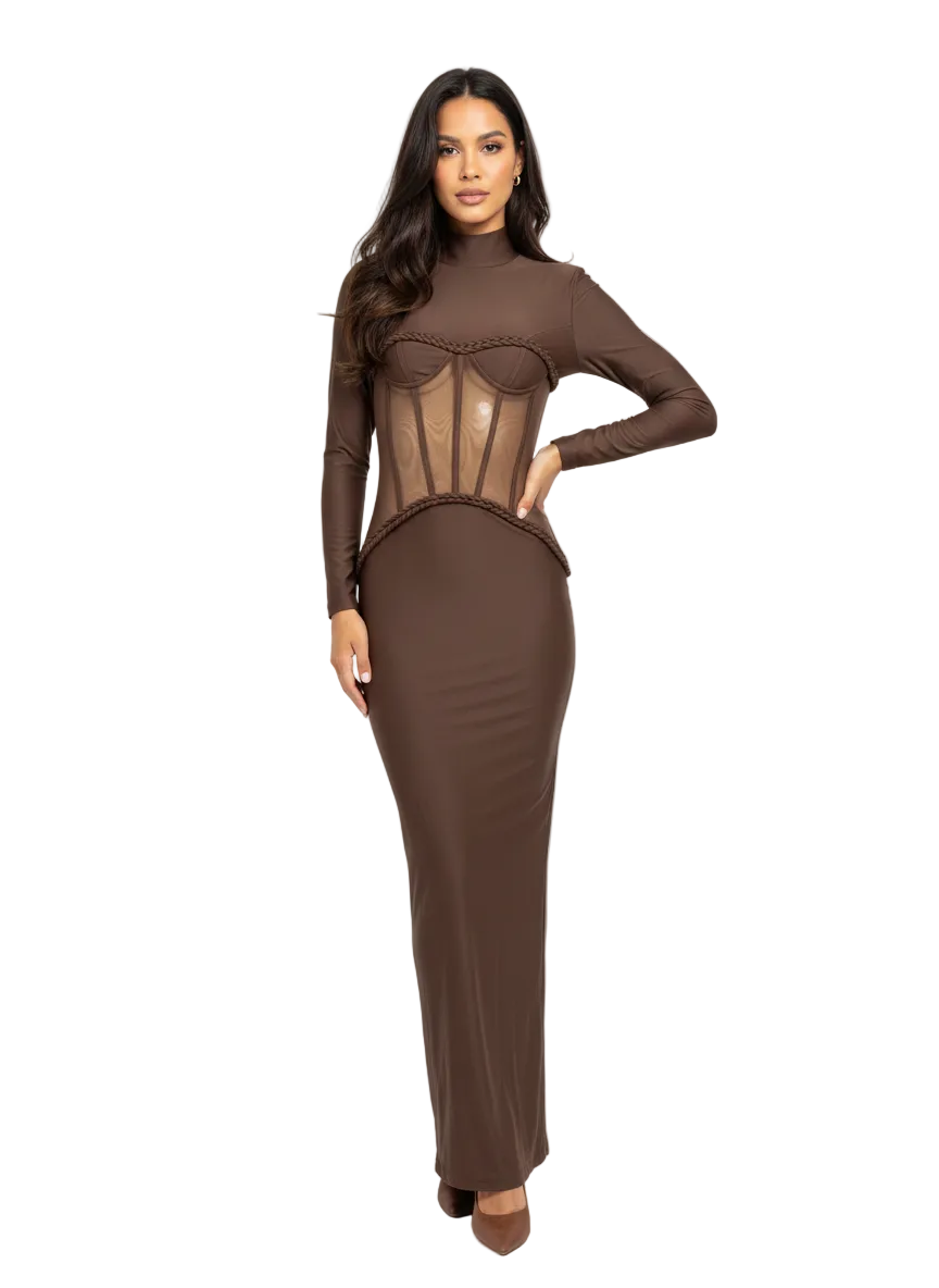 PINKAPPLE DRESSES ELVIS Brown Sheer Corset Maxi Dress S PINKAPPLE DRESSES ELVIS Brown Sheer Corset Maxi Dress S