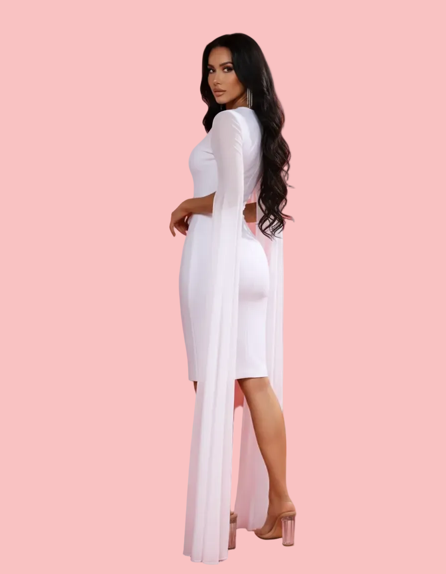 strapless open back dress PINKAPPLE Dresses Kylie White Midi Dress with Dramatic Cape Sleeves Xs