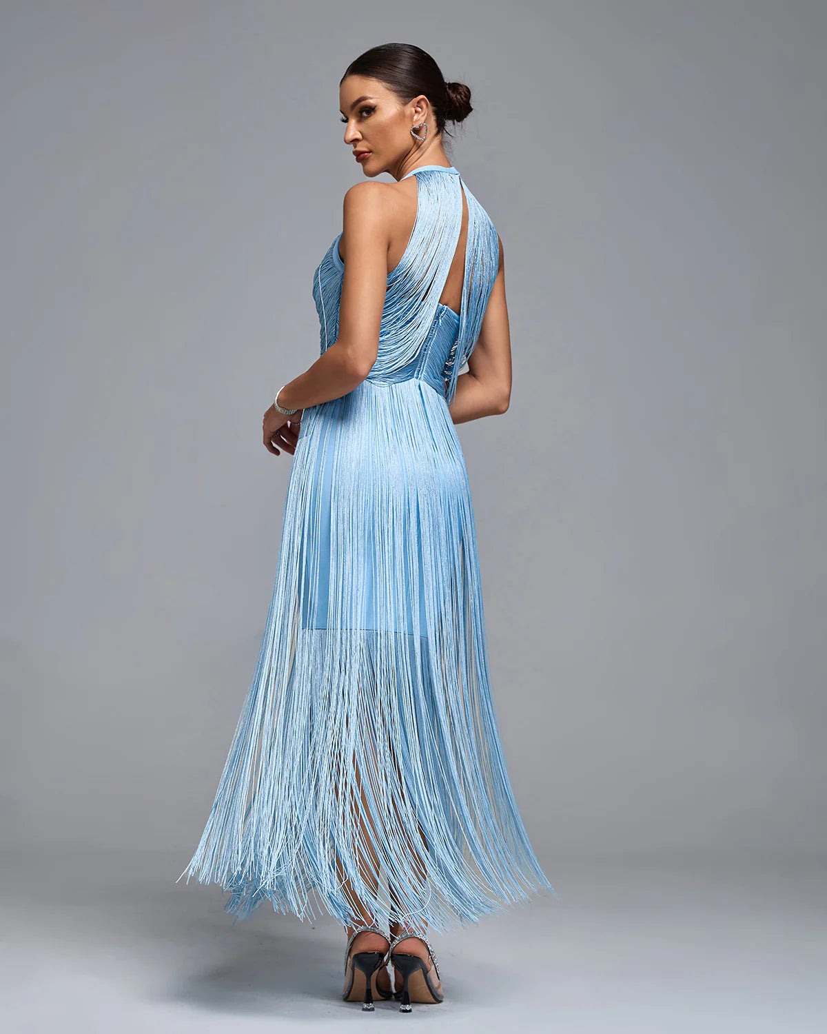 HEDRALIN Halter Draped Fringe Bandage Dress