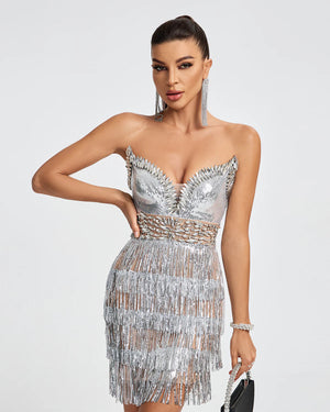 NEXT DAY DELIVERY HILDA Sweetheart Corset Diamond Tassels Mini Dress