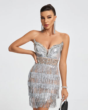 HILDA Sweetheart Corset Diamond Tassels Mini Dress