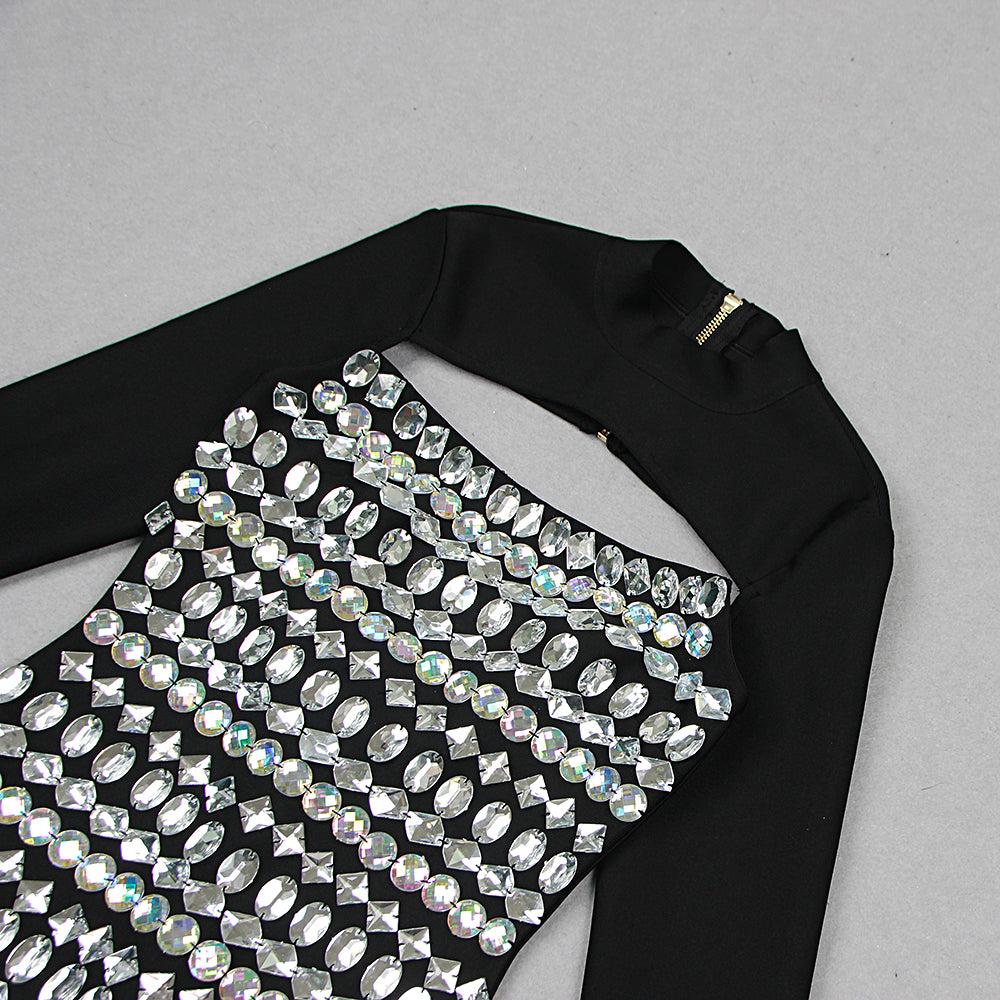 CHRISTY Long Sleeve Crystals Mini Bandage Dress