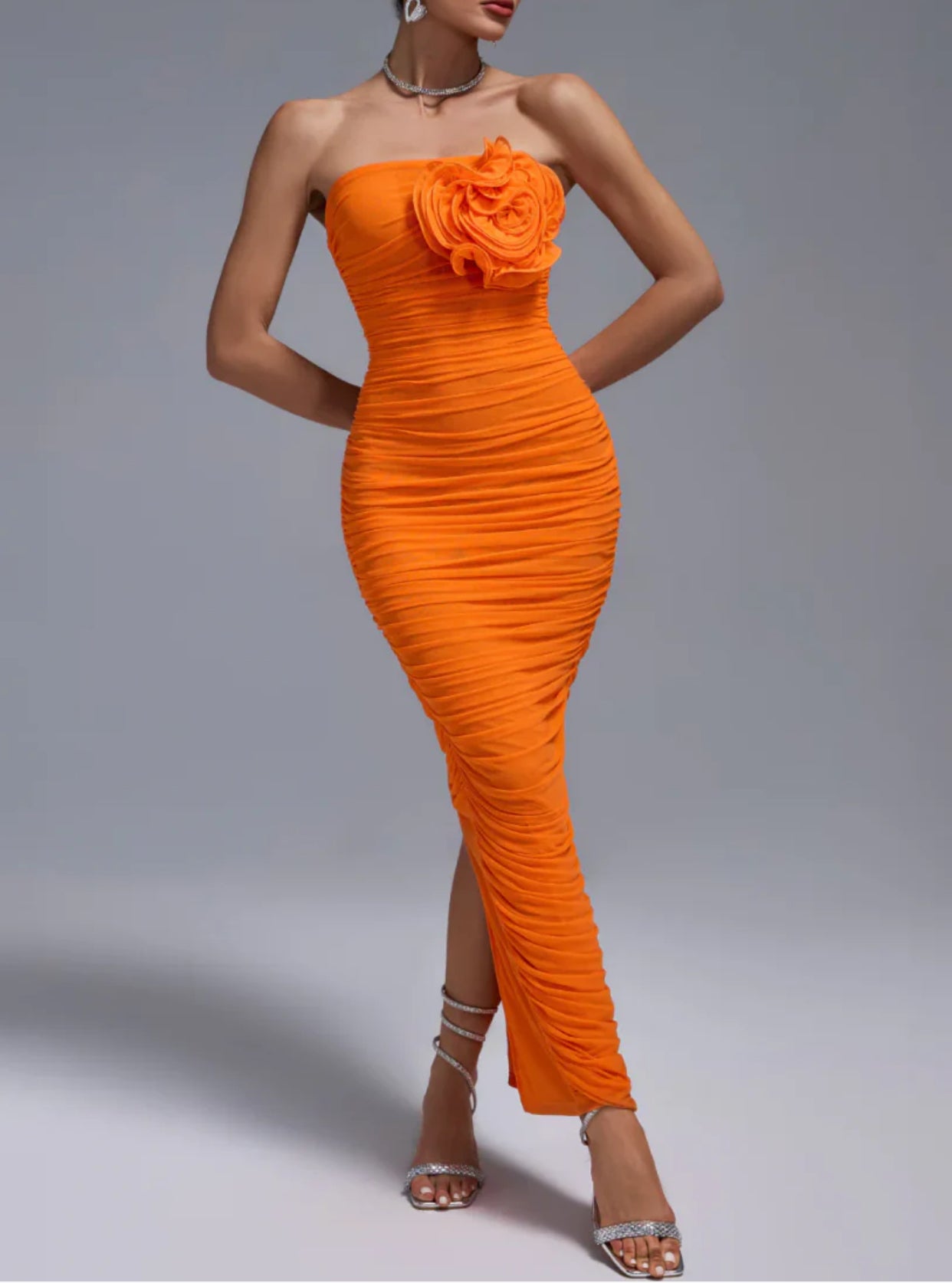 NEXT DAY DELIVERY AMBER Open Back Ruched Flower Maxi Bodycon Dress