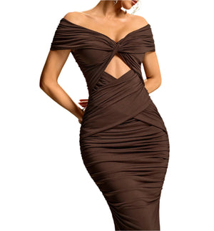 Brown off-shoulder dress with cutout design on a gradient background