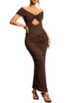 Brown off-shoulder evening gown with cut-out design on a gradient background