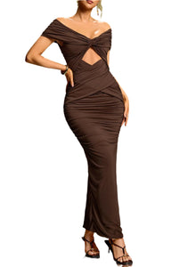 Brown off-shoulder evening gown with cut-out design on a gradient background