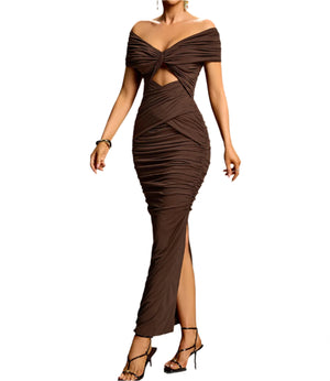 Woman wearing a brown off-shoulder dress with a cutout design on a gradient background