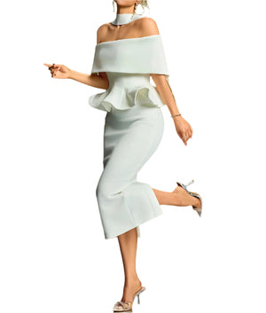 Woman wearing a white off-shoulder dress with ruffled details on a gradient background