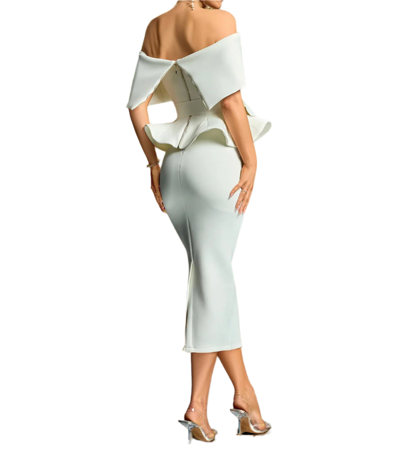 Woman wearing a white off-shoulder dress with ruffled details against a gradient background