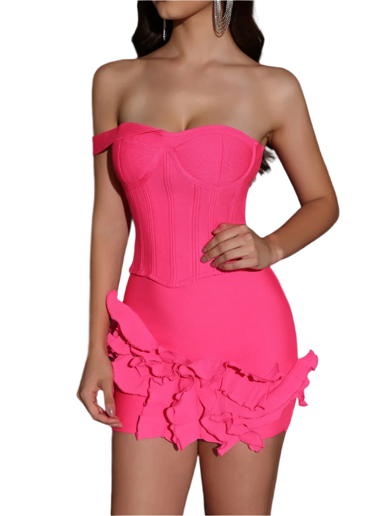 Pink strapless dress with ruffled skirt on a gray background