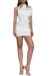 White dress with floral details on a gray background