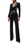 Black tuxedo-style outfit with intricate detailing on a gray background