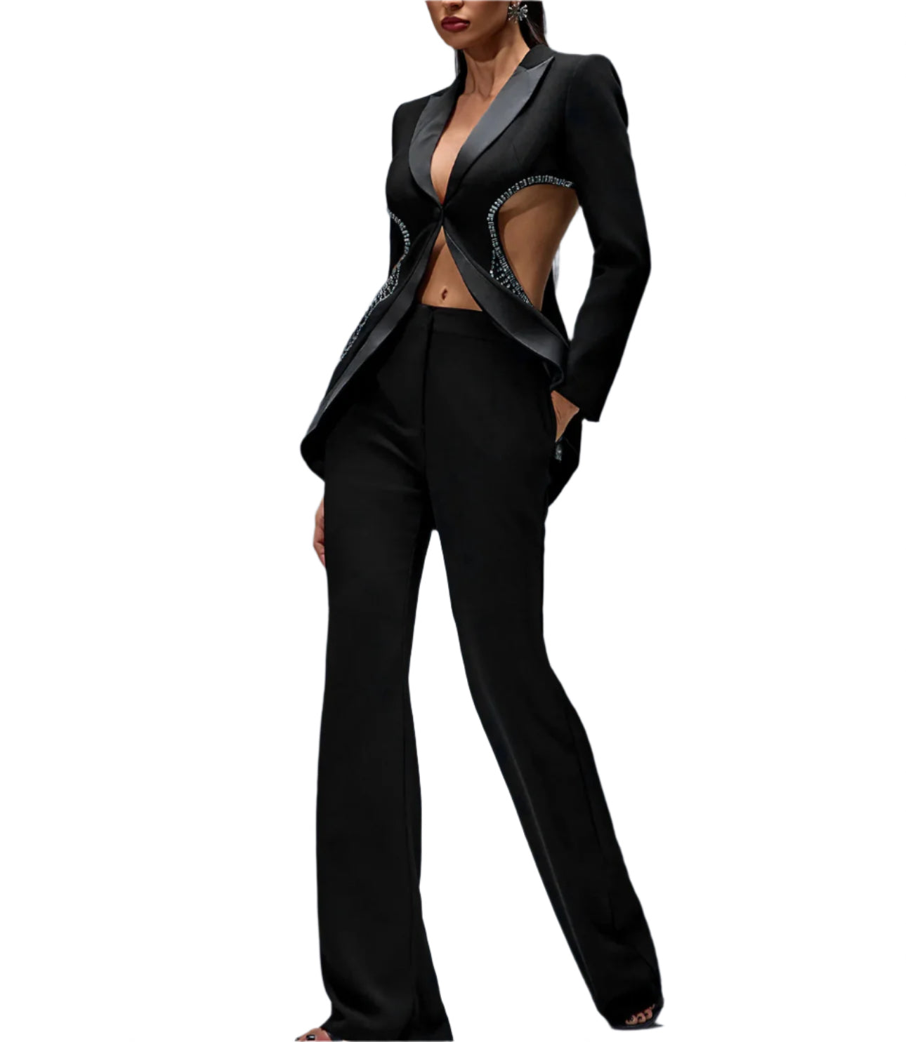 Black suit with cut-out design on a gray background