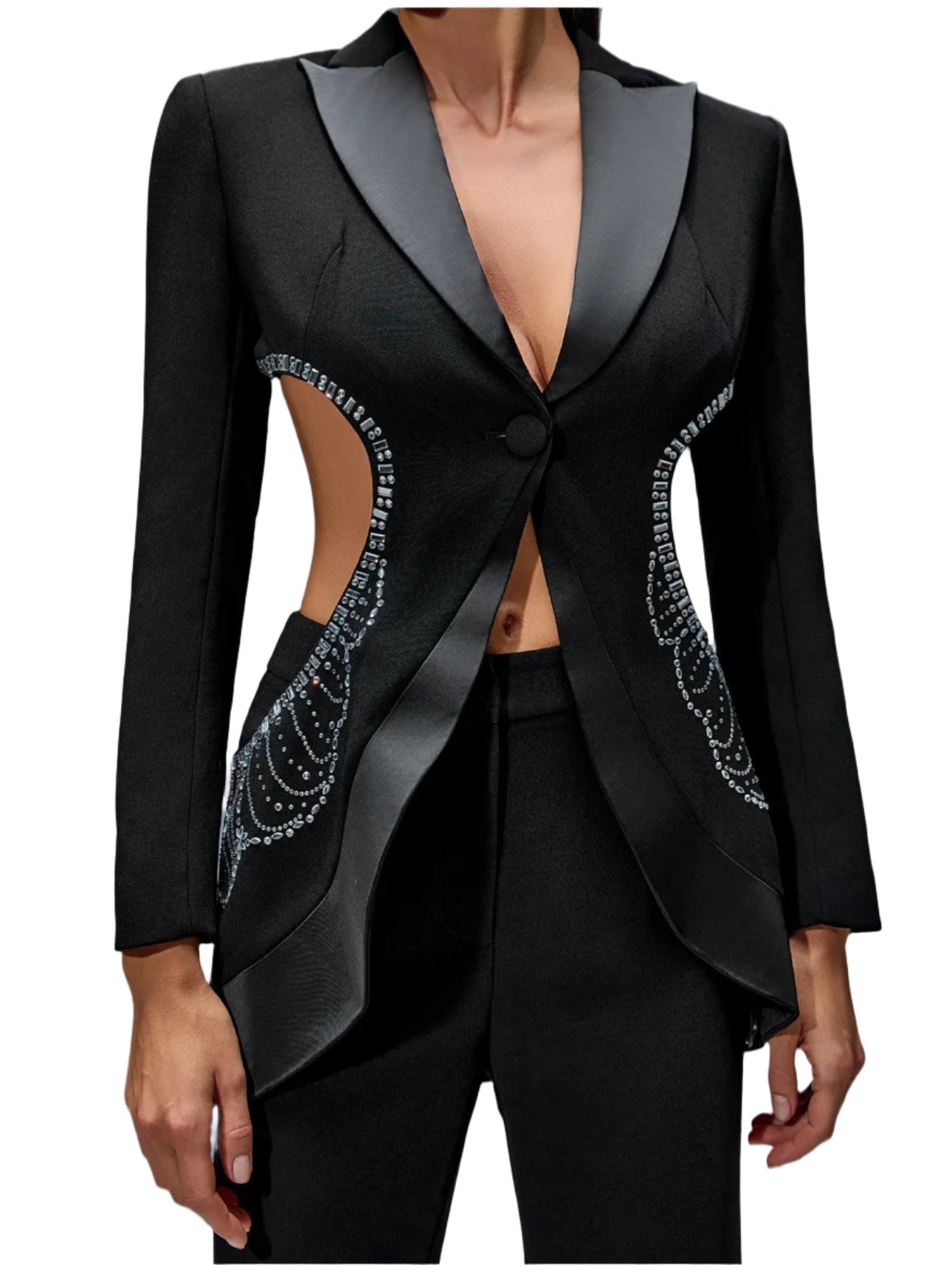 Black blazer with silver embellishments on a gray background